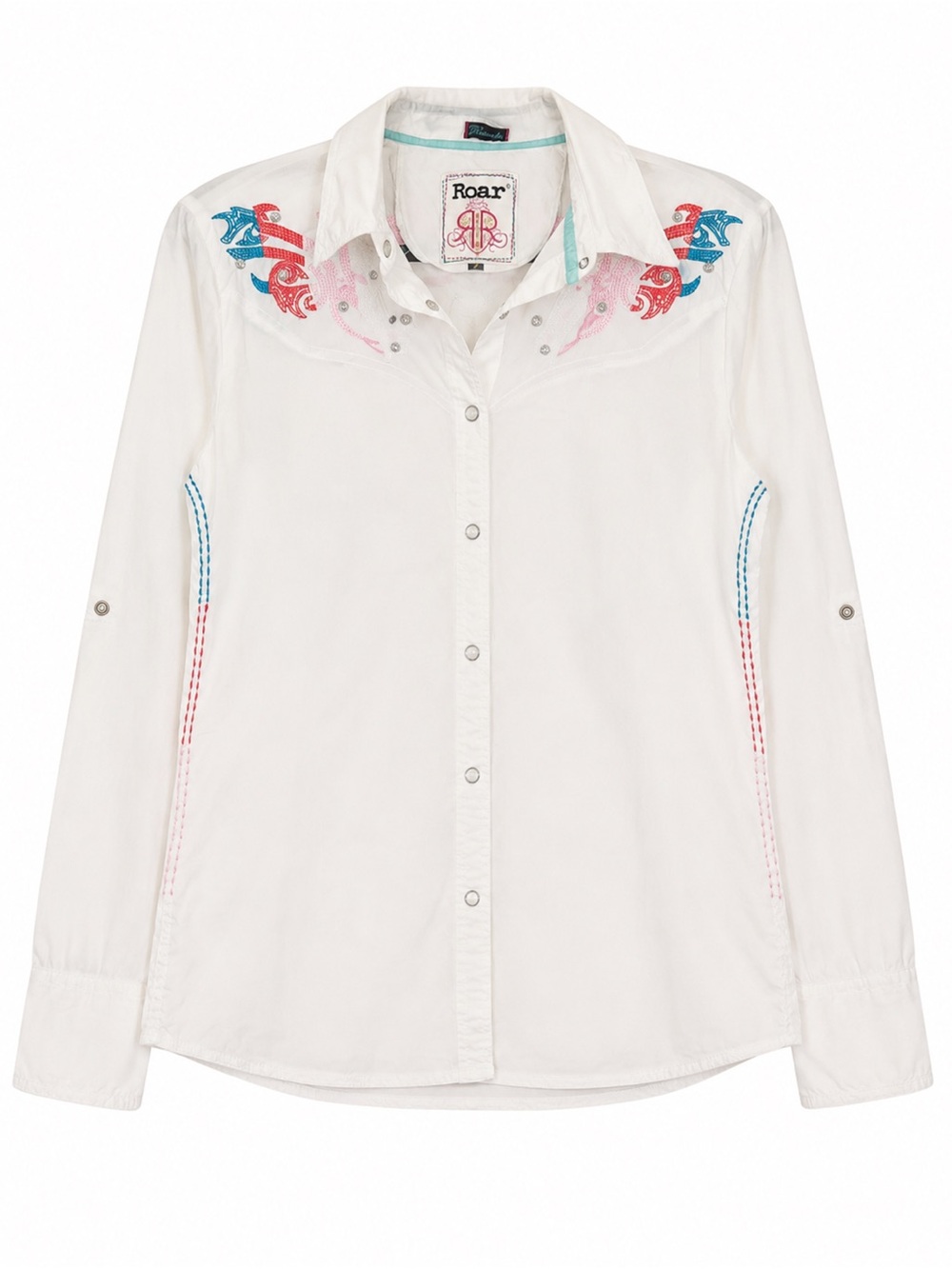 Roar Cotton Blend Embellished Y2K Button-Front Western Shirt with Embroidery-L